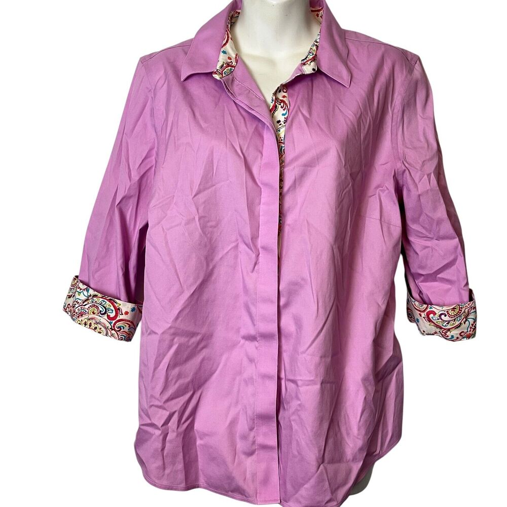 Chicos Casual Button Down Cotton Pink French Flip Cuff Shirt Top 2 12 / 14